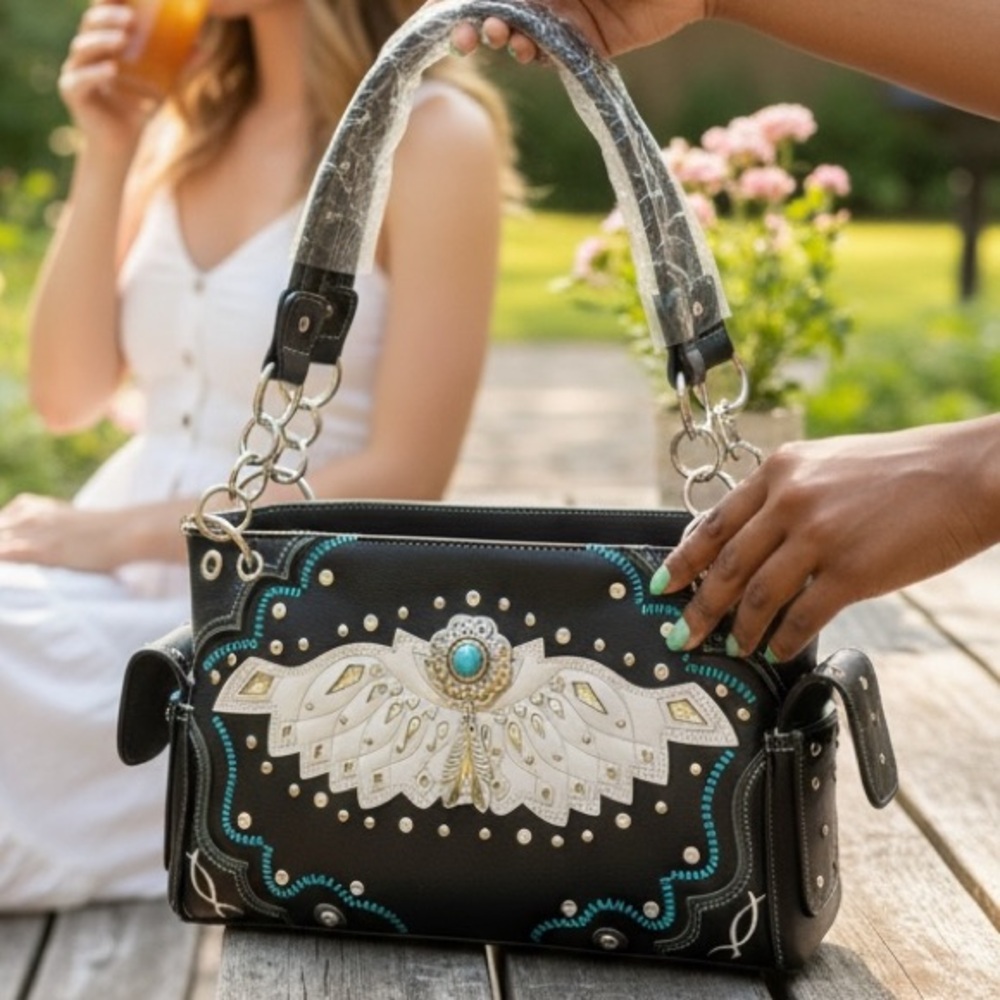 Nativo Black & White Crossbody Bag with Turquoise Accents